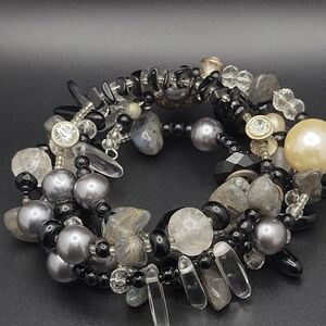 Artisan Multi-Gemstone Wrap Bracelet - Labradorite, Moonstone, Sterling Charm